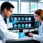 A diverse group of professional gene therapy researchers, fully clothed in clean lab coats and modest attire, working diligently in a state-of-the-art molecular biology laboratory. One scientist is observing samples under a high-powered microscope, while another is analyzing complex genetic data on a large monitor. The lab environment is brightly lit, sterile, and equipped with advanced scientific instruments. The scene conveys dedication and innovation. Perfect anatomy, correct proportions, natural pose, well-formed hands, proper finger count, natural body proportions, professional photography, high quality, safe for work, appropriate content, family-friendly.