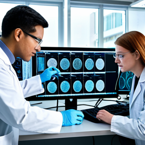 Home 22 A diverse group of professional gene therapy researchers, fully clothed in clean lab coats and modest attire, working diligently in a state-of-the-art molecular biology laboratory. One scientist is observing samples under a high-powered microscope, while another is analyzing complex genetic data on a large monitor. The lab environment is brightly lit, sterile, and equipped with advanced scientific instruments. The scene conveys dedication and innovation. Perfect anatomy, correct proportions, natural pose, well-formed hands, proper finger count, natural body proportions, professional photography, high quality, safe for work, appropriate content, family-friendly.