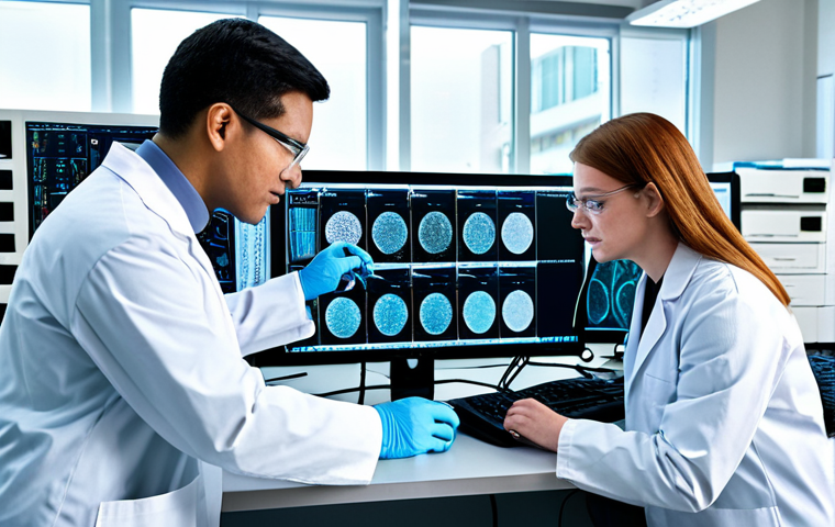 A diverse group of professional gene therapy researchers, fully clothed in clean lab coats and modest attire, working diligently in a state-of-the-art molecular biology laboratory. One scientist is observing samples under a high-powered microscope, while another is analyzing complex genetic data on a large monitor. The lab environment is brightly lit, sterile, and equipped with advanced scientific instruments. The scene conveys dedication and innovation. Perfect anatomy, correct proportions, natural pose, well-formed hands, proper finger count, natural body proportions, professional photography, high quality, safe for work, appropriate content, family-friendly.