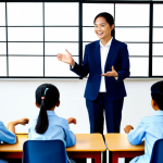 A professional AI education expert in a modest business suit is standing in a brightly lit, modern Vietnamese classroom, engaging with a diverse group of fully clothed students (children or teenagers, no age ambiguity) who are actively using interactive AI-powered learning screens. The expert, with a warm and encouraging expression, gestures towards a screen displaying a personalized learning module. The scene emphasizes guidance and technological integration in education. Professional photography, high quality, perfect anatomy, correct proportions, natural pose, well-formed hands, proper finger count, natural body proportions, safe for work, appropriate content, fully clothed, professional dress, family-friendly.