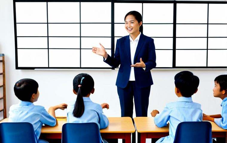 A professional AI education expert in a modest business suit is standing in a brightly lit, modern Vietnamese classroom, engaging with a diverse group of fully clothed students (children or teenagers, no age ambiguity) who are actively using interactive AI-powered learning screens. The expert, with a warm and encouraging expression, gestures towards a screen displaying a personalized learning module. The scene emphasizes guidance and technological integration in education. Professional photography, high quality, perfect anatomy, correct proportions, natural pose, well-formed hands, proper finger count, natural body proportions, safe for work, appropriate content, fully clothed, professional dress, family-friendly.
